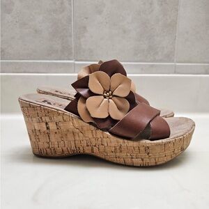 Kork-Ease Kirk’s Wedge Slide Sandals with Floral Accent in Brown and Tan
